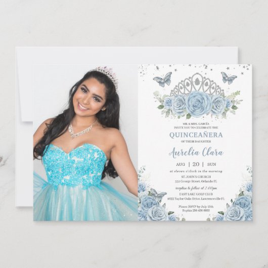 Invitation Quinceañera Bleu Bleu Roses Argent Couronne Photo (Devant)
