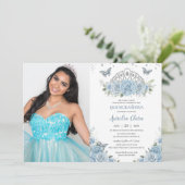 Invitation Quinceañera Bleu Bleu Roses Argent Couronne Photo (Debout devant)