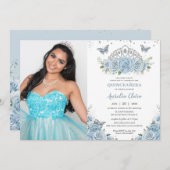 Invitation Quinceañera Bleu Bleu Roses Argent Couronne Photo (Devant / Derrière)