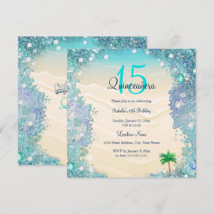 Invitation Quinceanera Bleu Canard Sable Océan Plage Annivers