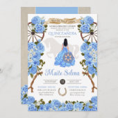 Invitation Quinceanera bleu clair élégant Rose Western Charra (Devant / Derrière)