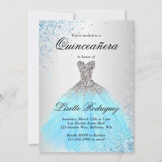 Invitation Quinceanera Bleu Clair Et Argent (Devant)