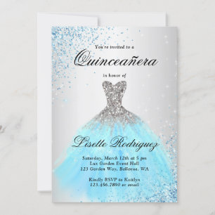 Invitation Quinceanera Bleu Clair Et Argent