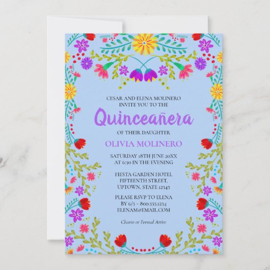 Invitation Quinceanera Bleu clair Fleurs mexicaines Anniversa (Devant)