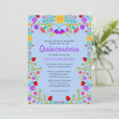 Invitation Quinceanera Bleu clair Fleurs mexicaines Anniversa (Debout devant)