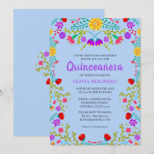 Invitation Quinceanera Bleu clair Fleurs mexicaines Anniversa