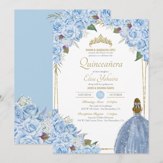 Invitation Quinceanera bleu clair Rose floral élégant coing (Devant / Derrière)