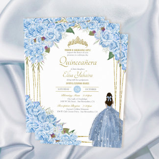 Invitation Quinceanera bleu clair Rose floral élégant coing
