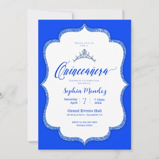 Invitation Quinceanera bleu et blanc (Devant)