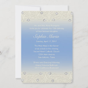 Invitation Quinceanera Bleu étincelle et dentelle