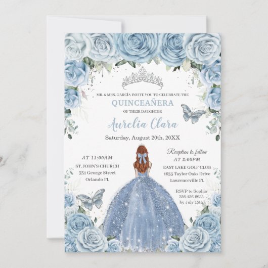 Invitation Quinceañera Bleu Floral Argent Rouge Cheveux fille (Devant)