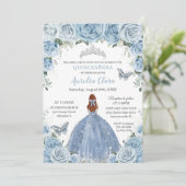 Invitation Quinceañera Bleu Floral Argent Rouge Cheveux fille (Debout devant)