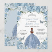 Invitation Quinceañera Bleu Floral Argent Rouge Cheveux fille (Devant / Derrière)