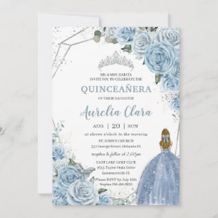 Invitation Quinceañera Bleu Floral Blonde Princesse 15 16