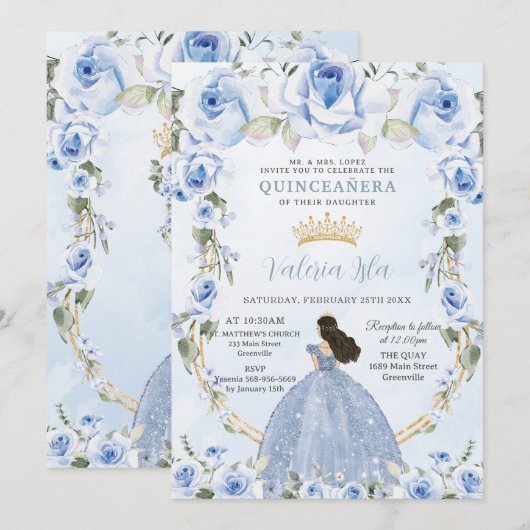 Invitation Quinceañera Bleu Floral Princesse Robe Or (Devant / Derrière)