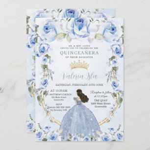 Invitation Quinceañera Bleu Floral Princesse Robe Or