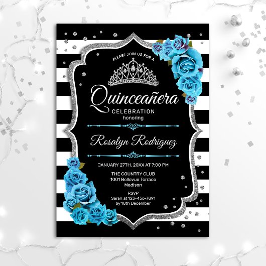 Invitation Quinceanera - Bleu Noir Argent