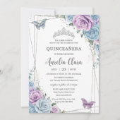 Invitation Quinceanera Bleu pourpre Lilac Floral Argent (Devant)