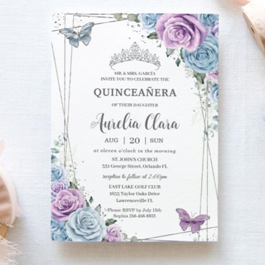 Invitation Quinceanera Bleu pourpre Lilac Floral Argent