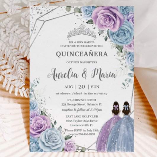 Invitation Quinceañera Bleu pourpre Lilac Jumeaux floraux