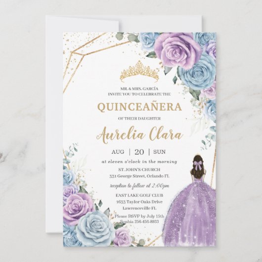 Invitation Quinceañera Bleu pourpre Lilac or floral (Devant)