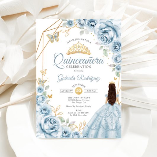 Invitation Quinceanera Bleu Robe Bleu Bleu Or Floral