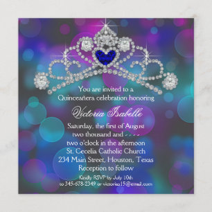 Invitation Quinceanera bleu rose et turquoise pourpre