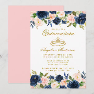 Invitation Quinceanera bleu rose Floral Couronne or