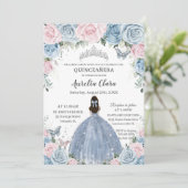 Invitation Quinceañera Bleu rose Floral Princesse robe (Debout devant)