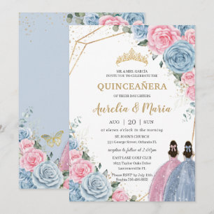 Invitation Quinceañera Bleu rose Floral Rose jumeaux