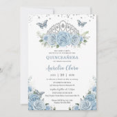 Invitation Quinceañera Bleu Roses Floral Argent Couronne (Devant)