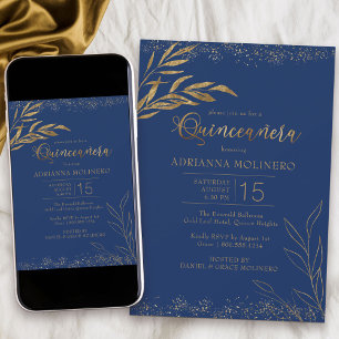 Invitation Quinceanera bleu royal et feuille dorée Élégant
