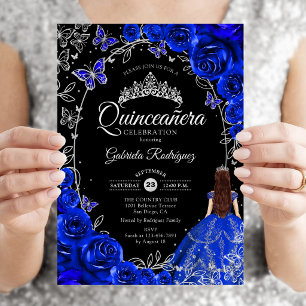 Invitation Quinceanera Bleu Royal Fleurs Argent