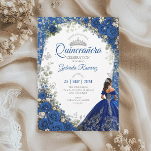 Invitation Quinceañera bleu royal papillons argentés