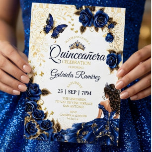 Invitation Quinceañera bleu royal Roses couronne dorée 