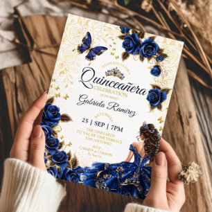 Invitation Quinceañera bleu royal Roses couronne dorée
