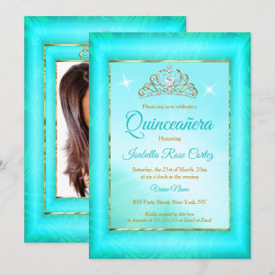 Invitation Quinceanera bleu Turquoise Damask Gold Tiara photo