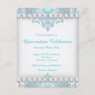 Invitation Quinceañera bleu turquoise et diamant argenté