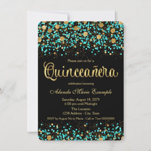 Invitation Quinceanera bleu turquoise et or (Devant)