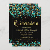 Invitation Quinceanera bleu turquoise et or (Devant / Derrière)