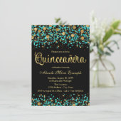 Invitation Quinceanera bleu turquoise et or (Debout devant)