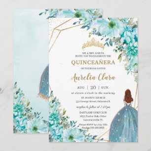 Invitation Quinceañera bleu turquoise Floral Auburn Princesse