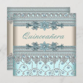 Invitation Quinceanera bleu Turquoise ivoire (Devant / Derrière)