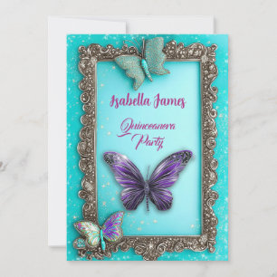Invitation Quinceanera bleu turquoise papillons anniversaire