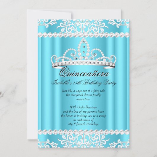 Invitation Quinceanera bleue 15ème anniversaire fête Tiara 2 (Devant)