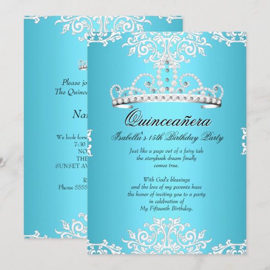 Invitation Quinceanera bleue 15ème anniversaire fête Tiara 3 (Devant / Derrière)
