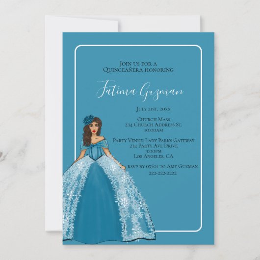 Invitation Quinceañera Bleue Avec Fleurs Quince (Devant)
