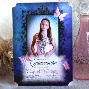 Invitation Quinceanera Bleue, Papillons Roses