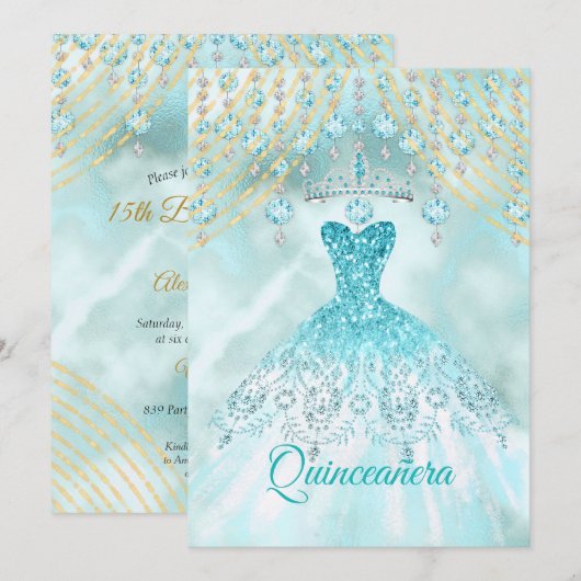 Invitation Quinceanera bleue turquoise 15e fête d'anniversair (Devant / Derrière)