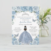 Invitation Quinceañera Blue Floral Butterflies Silver Tiara (Debout devant)